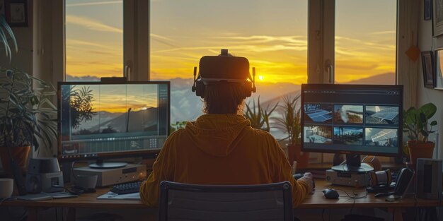 Photo person using virtual reality simulators while enjoying a sunset view from their workspace