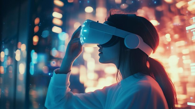 Photo a person using virtual reality vr goggles in a modern hightech setting with futuristic lighting