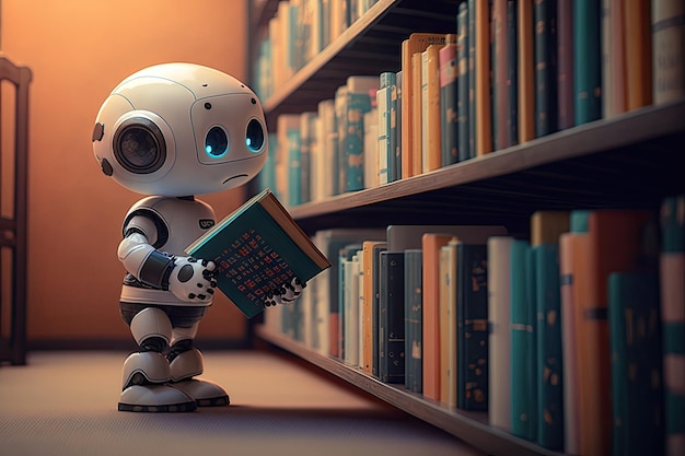 Person using voice commands to direct cute robot assistant to place books on shelf