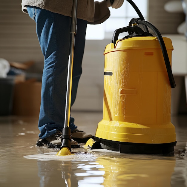 A person using a wetdry vacuum to clean a basement after a water spill