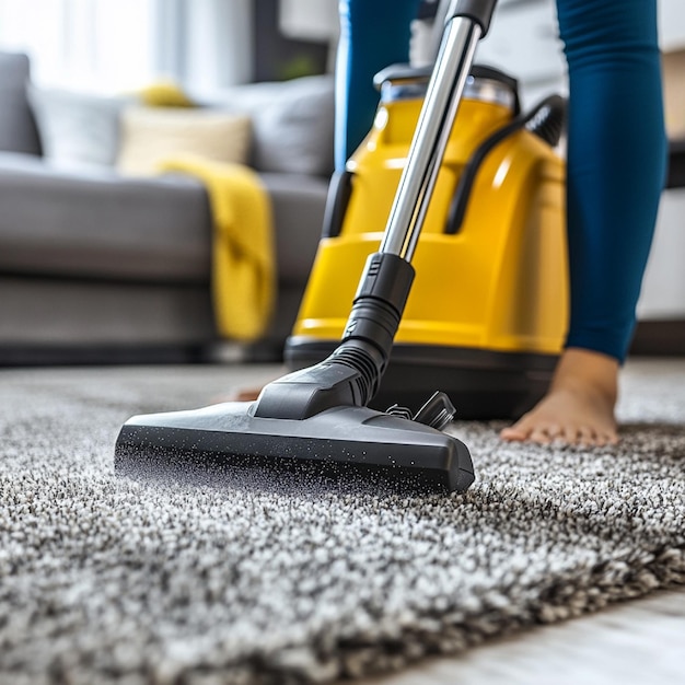 A person vacuuming and shampooing a carpet with a carpet cleaning machine