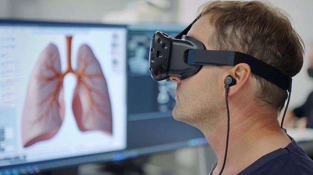 Photo a person in a vr headset stands before a vivid projection of human circulatory and respiratory