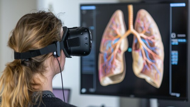 Photo a person in a vr headset stands before a vivid projection of human circulatory and respiratory