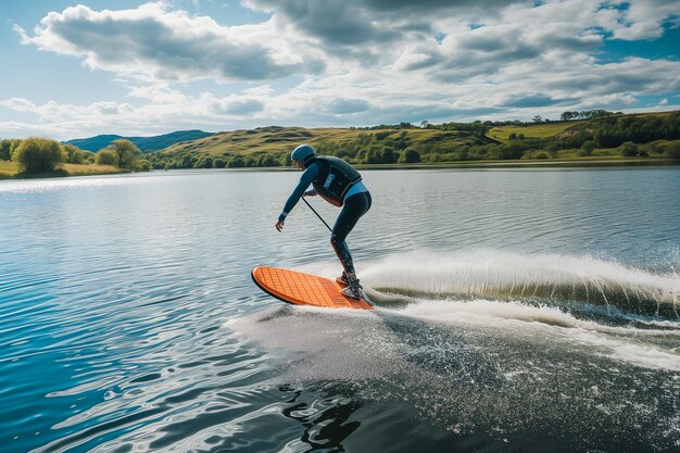 Photo a person wakesurfing on a lake with a mountain in the background