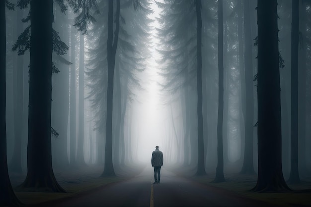 A person walk into the misty foggy forest road in a dramatic sunrise scene ai generative