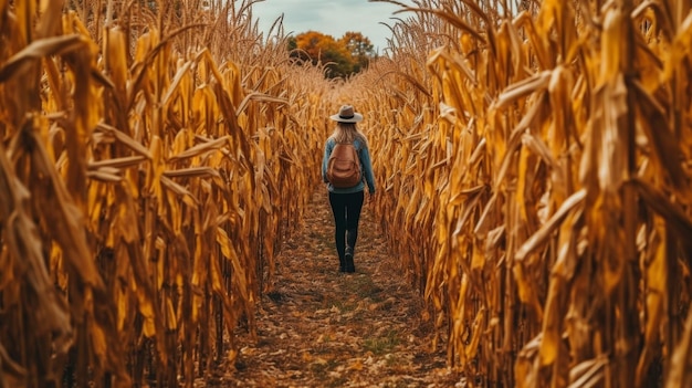 A person walking across a cornfield on a fall trek To stay warm and blend in they are dressed in the ideal fall attire GENERATE AI