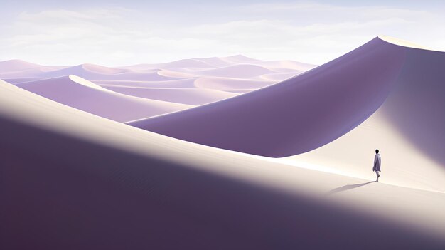 Photo a person walking across a desert of sand dunes