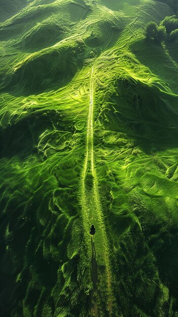 Photo person walking alone on a vast green grassland