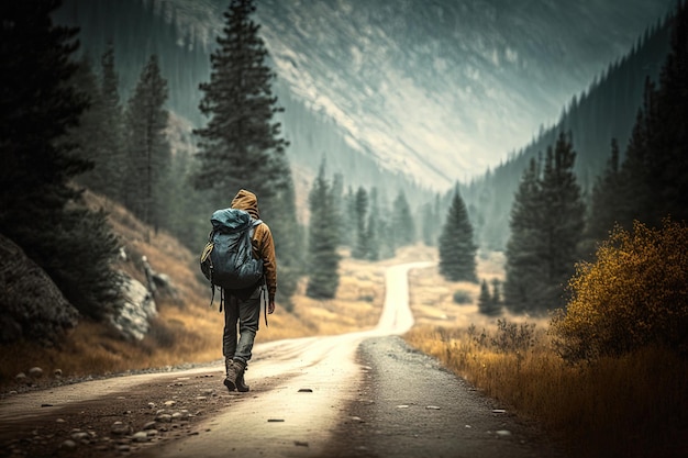 A person walking along a mountain road surrounded by scenic views creates an adventurous and exploratory design that evokes the themes of nature and outdoors AI