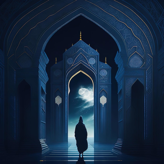 A person walking in an archway with the moon in the background.