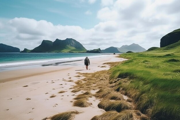 Photo a person walking on a beach next to the ocean