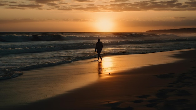 A person walking on the beach at sunset