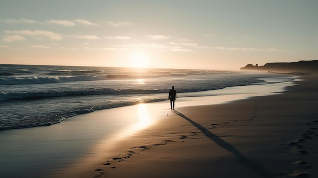 A person walking on the beach at sunset