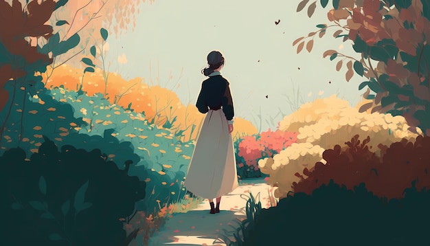 A person walking in a blooming garden digital art illustration