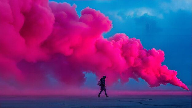 Photo person walking in colorful pink and blue smoke cloud urban street street art scene