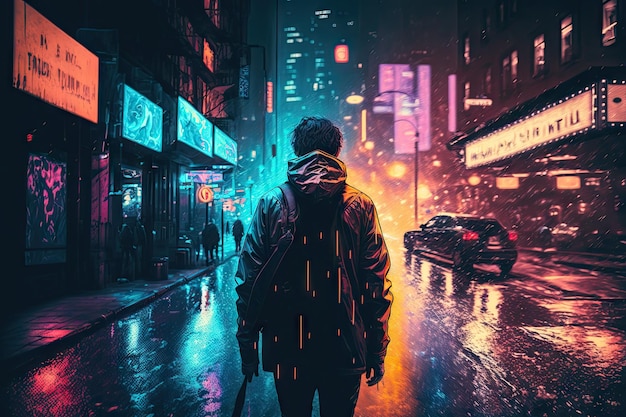 Person walking confidently in the night city with neon lights shining above and behind them