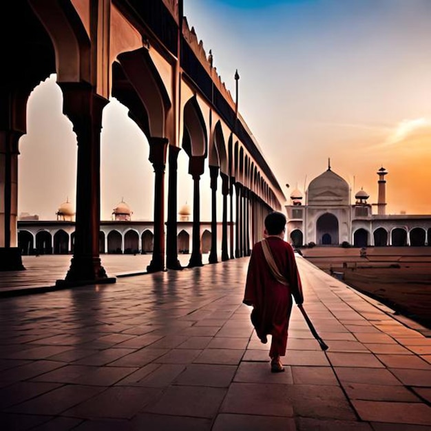 A person walking in a courtyard with a flag on the pole