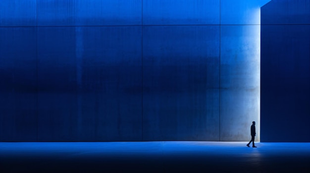 a person walking in a dark room with a blue wall