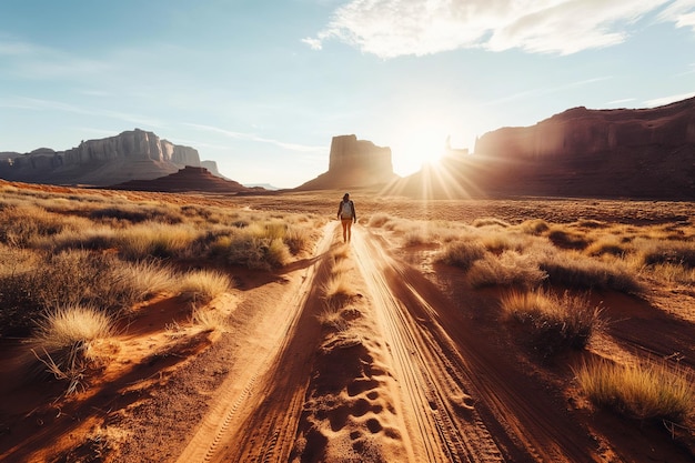 Person walking on desert trail at sunrise with rock formations in the distancexA