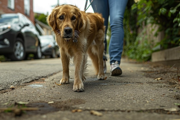 A person walking a dog down a sidewalk