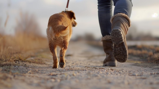 Person walking dog on leash along dirt path at sunset