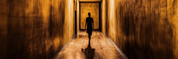 Photo a person walking down a dimly lit hallway casting a long shadow at twilight