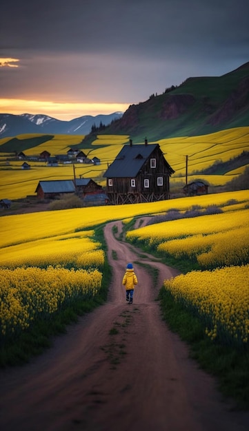 Person walking down a dirt road next to a field of yellow flowers generative ai