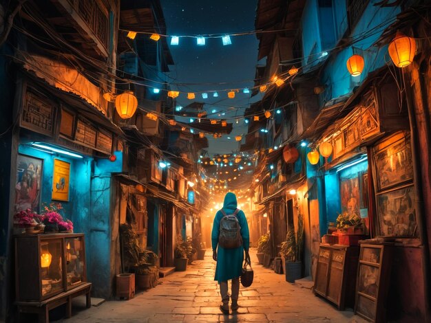 a person walking down a narrow street with lanterns hanging from the ceiling