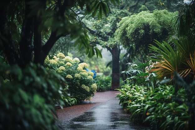 a person walking down a path in a garden