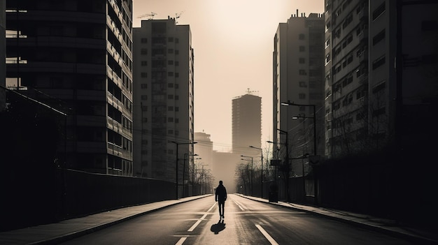 A person walking down a road in a city with a building in the background.