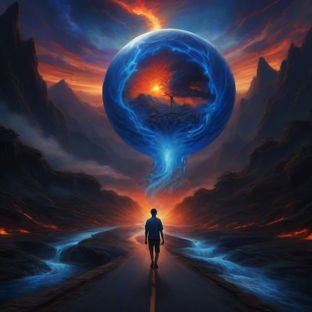 a person walking down a road with a large blue ball in the sky psytrance artwork