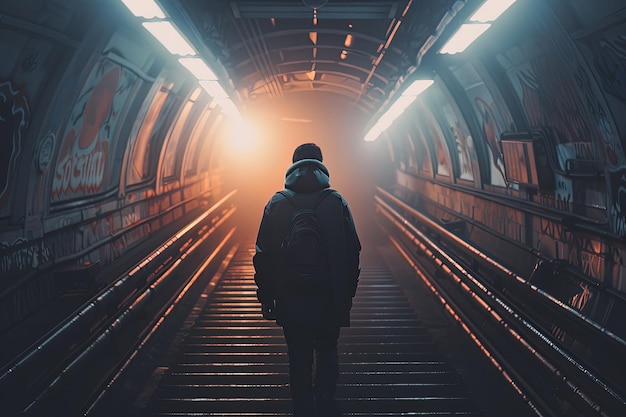 A person walking down a set of stairs in a tunnel