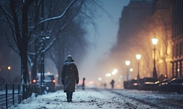 A person walking down a snowy street at night