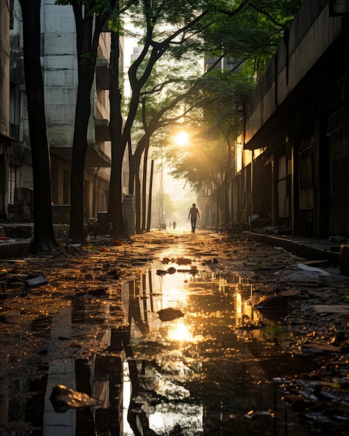 a person walking down a street in the middle of the day