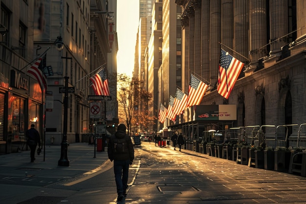 A person walking down a street with american flags