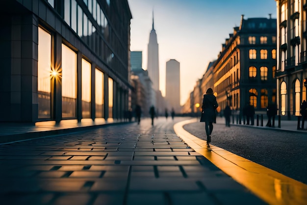 A person walking down a street with a building in the background