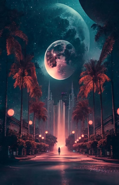 A person walking down street with palm trees and full moon generative ai