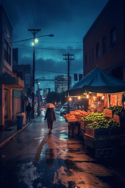 A person walking down a street with a umbrella that is on a rainy night.