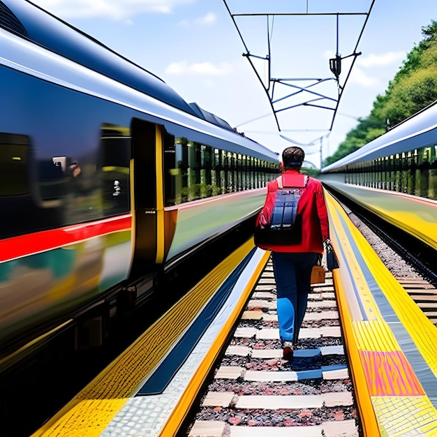 A person walking down a track with a blue backpack on.