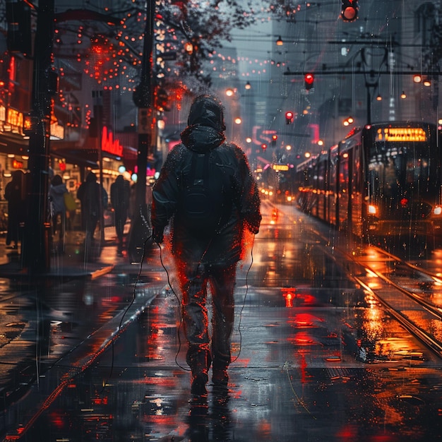 a person walking down a wet sidewalk in the rain