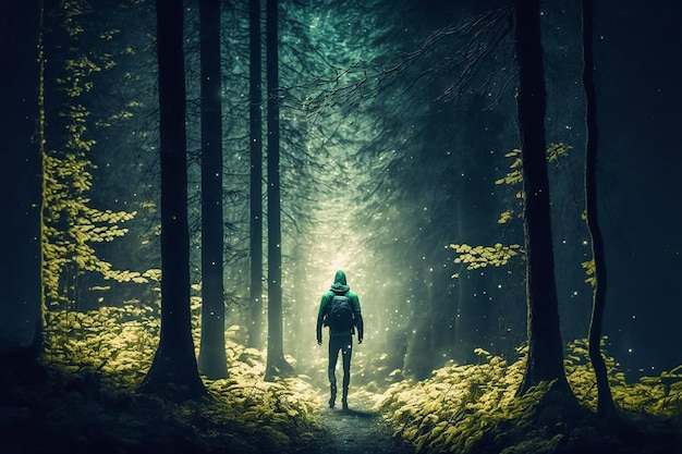 Person walking from far in a green forest between the small golden spirits of forest Generative AI