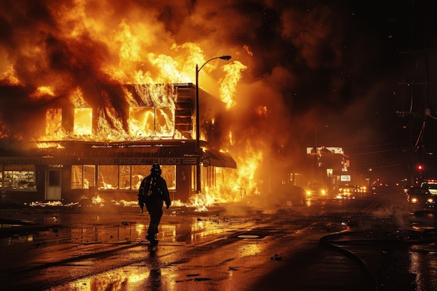 Person Walking in Front of Fiery Blaze