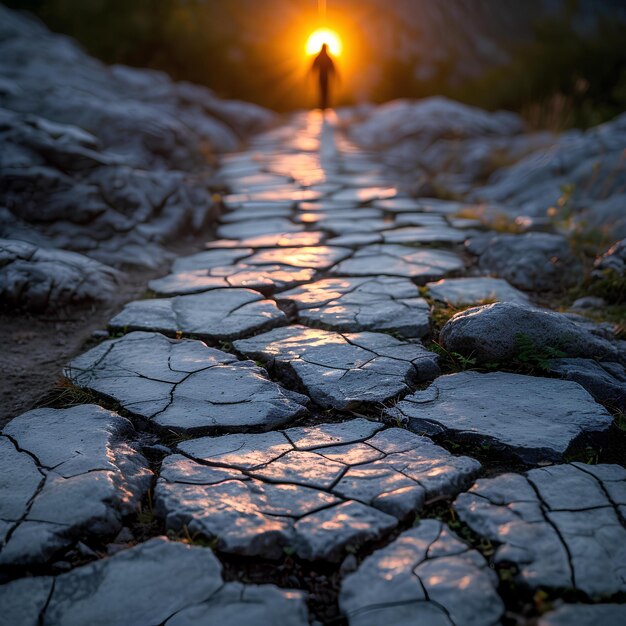 A person walking on a path with rocks and grass