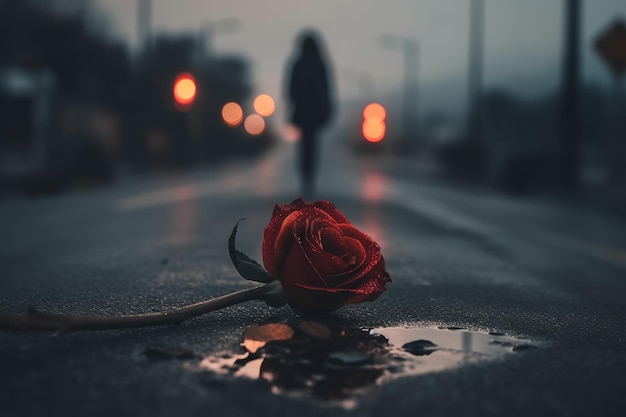 A person walking in the rain with a red rose on the ground