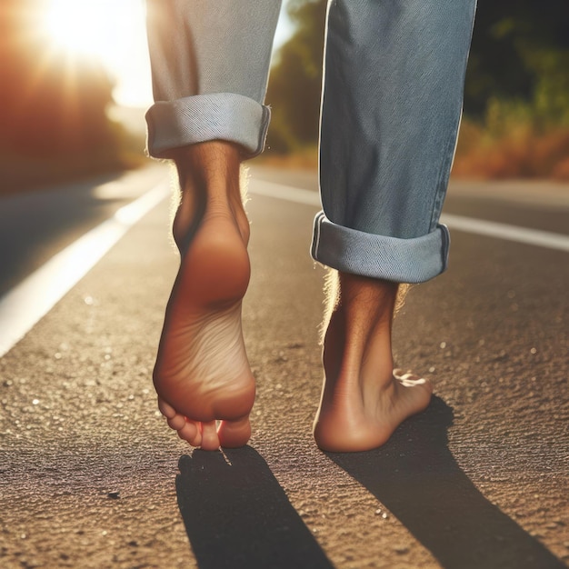 a person walking on a road with a foot in the air