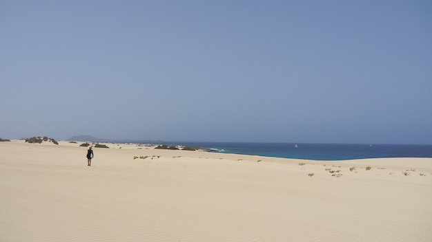 Person walking on the sand with blue sky and sea in Fuerte Ventura, Canary Islands