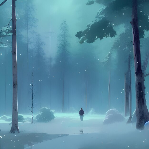 a person walking in a snowy forest with a snowboarder in the background