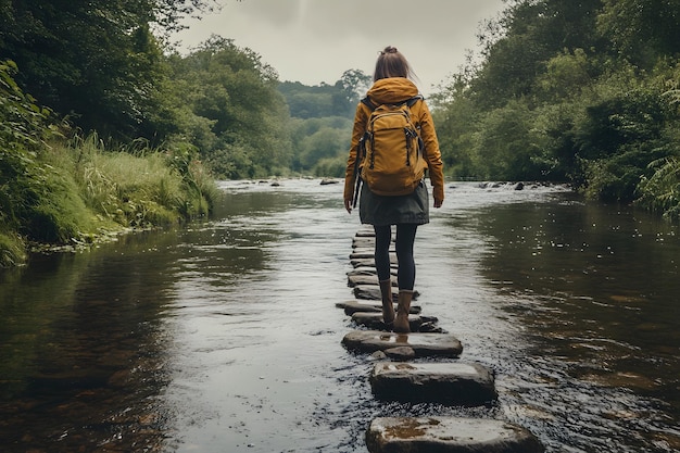 Photo person walking on stepping stones across a tranquil river in a forest adventure and nature exploration hiking and outdoor activities peaceful landscape