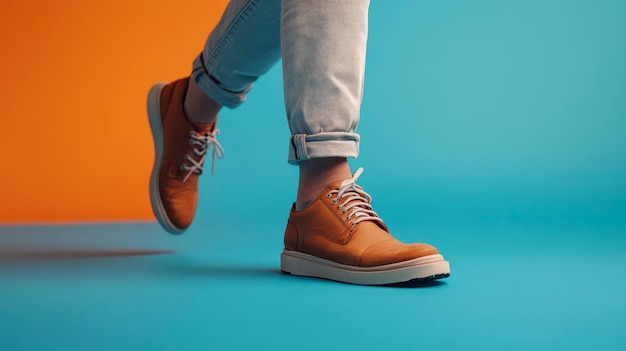 Photo person walking in stylish brown shoes against a colorful background