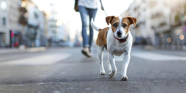 Person walking their dog on a city street with a leash Concept Walking the Dog Urban Lifestyle City Scene Pet Photography Leash Training